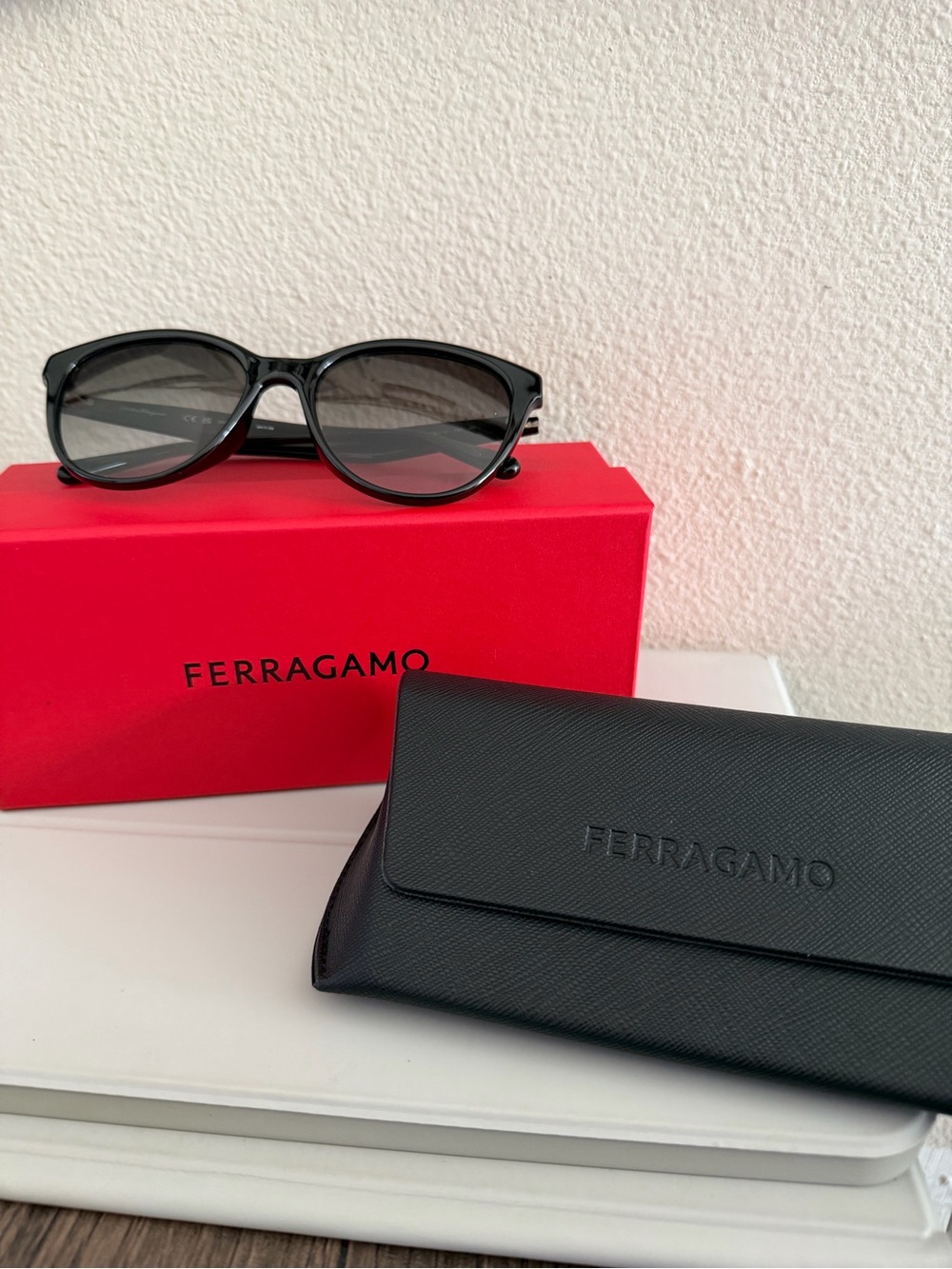 Salvatore Ferragamo Black Sunglasses with Black case and Red Box